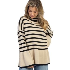 Collection Cezele Women’s Knit Striped Turtleneck Bell Sleeve Black Cream Size M